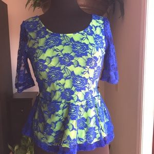 Charlotte Russe Peplum Top Royal Blue & Neon Green